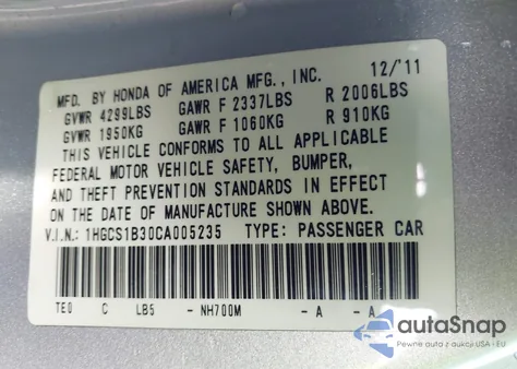 2012 Honda Accord 2.4 Lx-S z USA, uszkodzony, nr VIN 1HGCS1B30CA005235